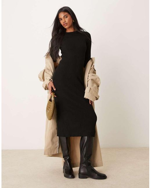 New Look Crew Neck Ribbed Knitted Midi Dress in Black | Lyst UK