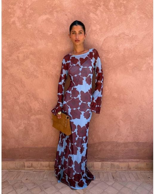Never Fully Dressed Blue Mesh Long Sleeved Crew Neck Maxi Dress