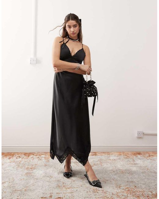 Miss Selfridge Black Satin Maxi Dress With Lace Insert