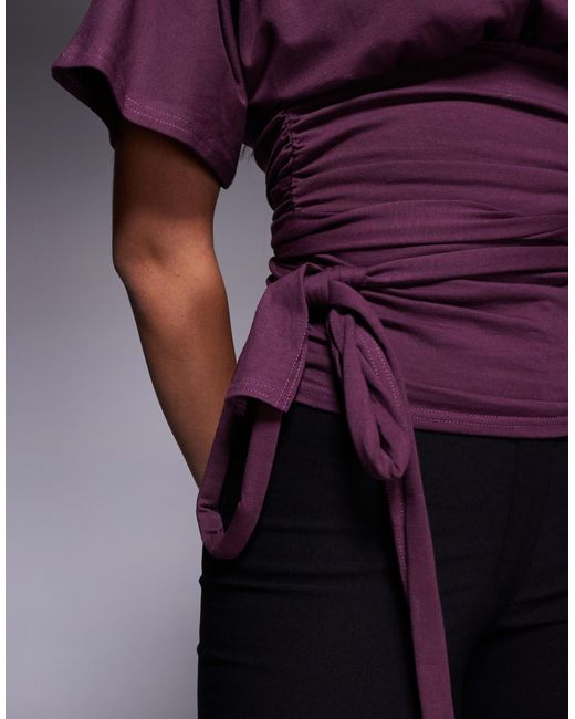 Fashionkilla Purple Exclusive Cotton Rich Off Shoulder Long Sleeve Wrap Waist Detail T-shirt