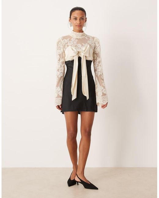 For Love & Lemons Natural Lace And Satin Mix Long Sleeved Mini Dress Bow Bust Detail