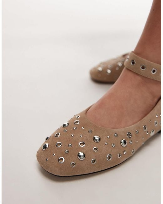 & Other Stories Black Studded Suede Leather Ballet Flats With Ankle Strap