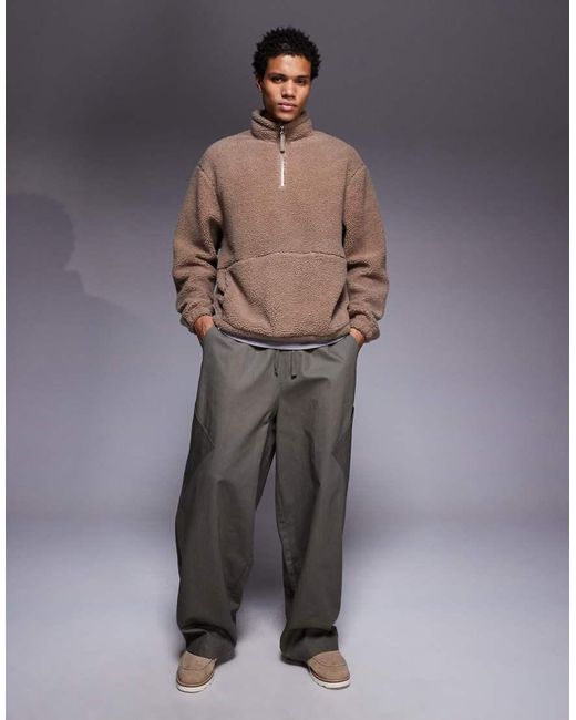 ASOS Gray Relaxed Funnel Neck Zip Through Borg Sweatshirt for men