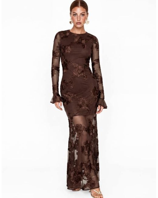 Maya Brown 3D Floral Applique Long Sleeve Mesh Maxi Dress