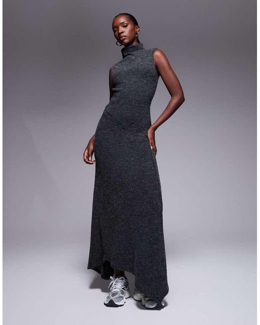 ASOS Blue Ribbed High Neck Asymmetric Hem Maxi Dress