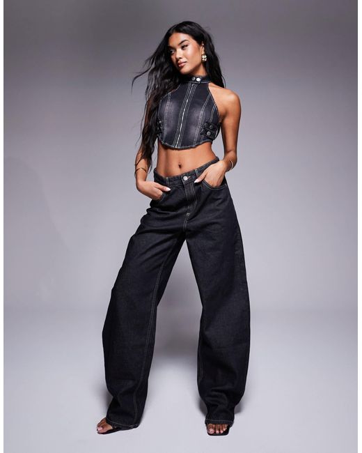 Liquor N Poker Blue High Neck Panel Stitch Top With Buckle Detail