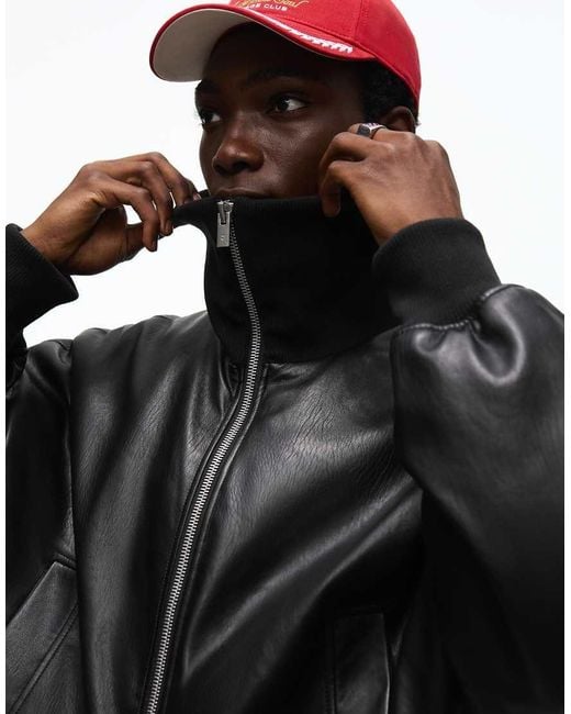 Bershka Black Faux Leather Rib Bomber Jacket for men