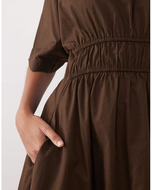 Threadbare Brown Cotton Poplin Short Sleeve Midi Dress