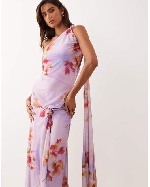 ASOS Pink Printed Stretch Chiffon Drape Maxi Dress