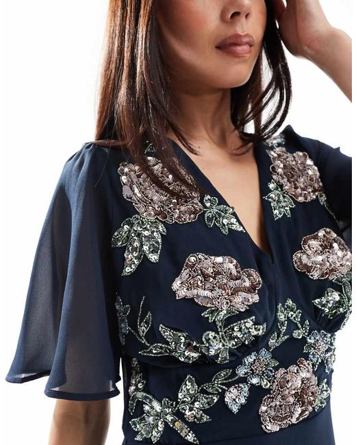 Maya Blue Floral Embellished Short Angel Sleeve Maxi Dress