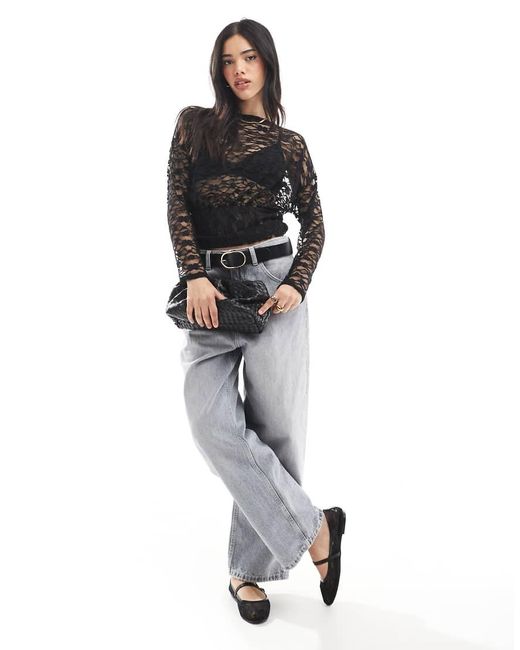 ASOS Black Lace Asymmetric One Shoulder Long Sleeve Top With Cinch Waist Detail