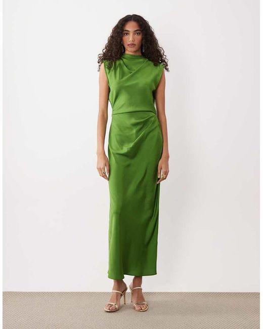 ASOS Green Asos Design Tall Satin High Neck Pleated Bodice Midi Dress