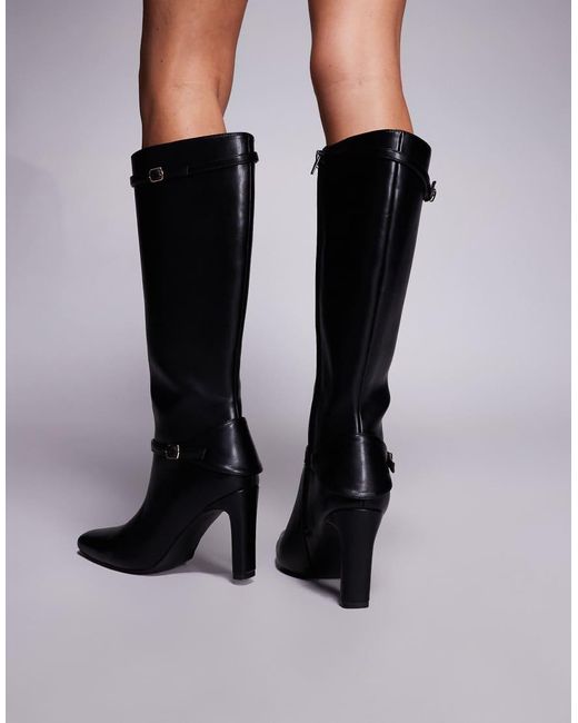 Public Desire Black Public Desire Poppy Wide Fit Heeled Knee Boots With Buckle Detail