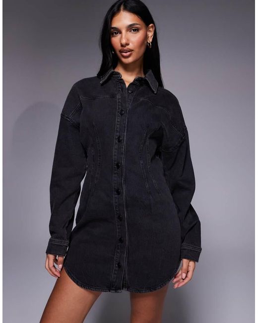 GOOD AMERICAN Blue Denim Cinched Waist Curve Hem Shirt Dress