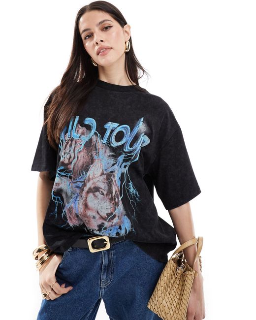 T-shirt oversize avec imprimé rock - anthracite délavé ASOS en coloris Blue