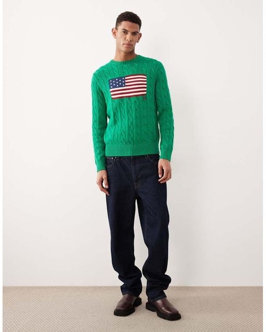 Polo Ralph Lauren Green Team Usa Chest Flag Cotton Cable Knitted Jumper for men