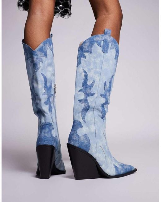 Public Desire Blue Underwood Western Cowboy Block Heel Knee High Boots