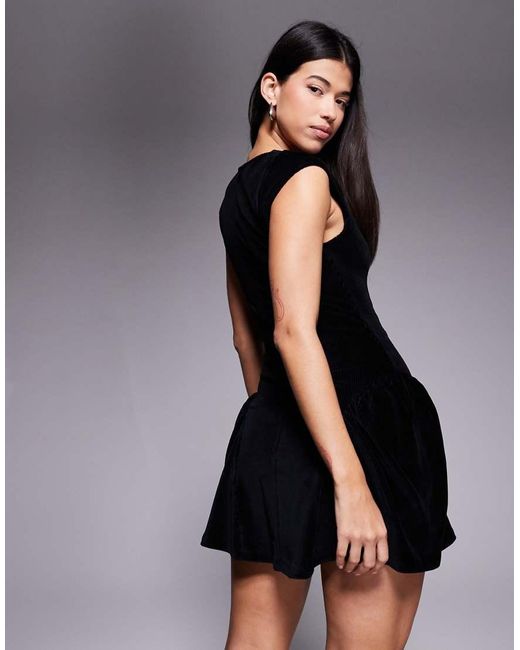 ASOS Black Cord Square Neck Cap Sleeve Mini Dress