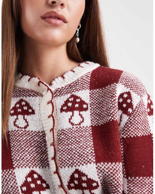 Miss Selfridge Red Blanket Stich Cardigan With Novelty Mushroom