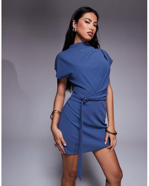 asos blue mini dress ASOS Design Womens US Size 10 Navy Blue Asymmetric Neck Ruched Mini Dress NWT