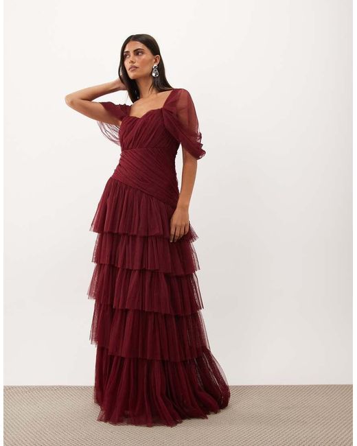 LACE & BEADS Red Tulle Fallen Shoulder Asymmetric Ruffle Detail Maxi Dress