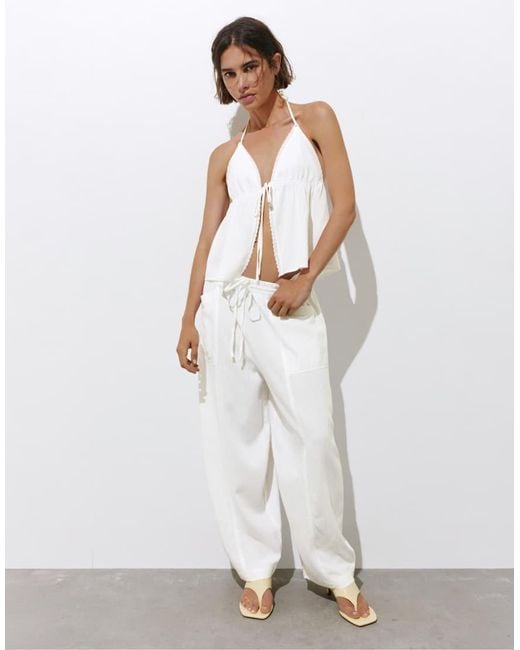 Pull&Bear White Linen Blend Trousers