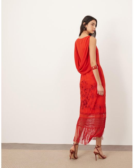 ARRANGE Embroidered Drape Back Midi Dress With Fringe Hem