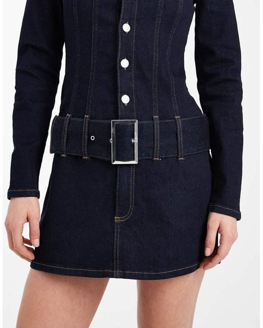 ASOS Blue Denim Drop Waist Belt Detail Mini Dress