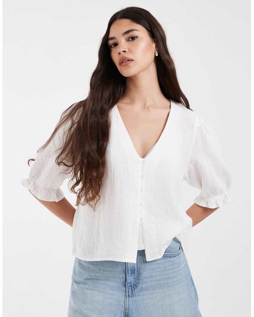 Pieces White Puff Sleeve Button Front Woven Blouse