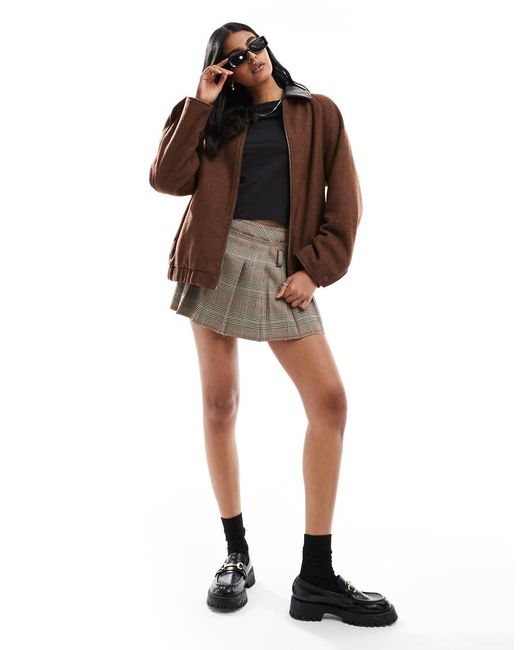 ASOS Brown Wool Blend Heritage Leather Look Collar Bomber Jacket