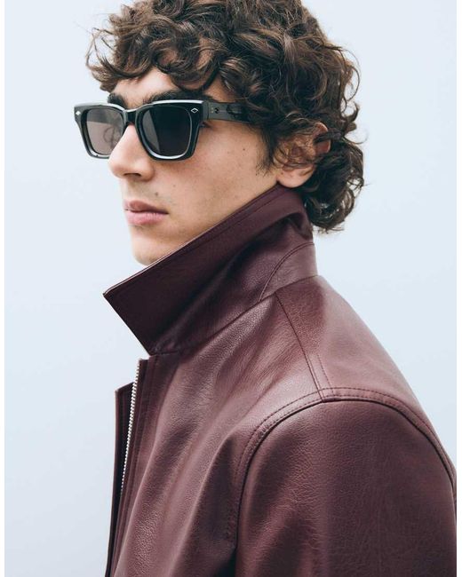 Bershka Brown Boxy Faux Leather Jacket for men