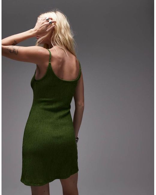 Vestito Corto Con Spalline Sottili Kaki Stropicciato Con Laccio Sul Davanti di TOPSHOP in Green