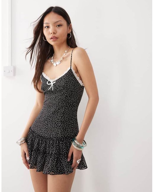 Lioness Black Yves Strappy Contrast Lace Trim Polka Dot Ruffle Skirt Mini Dress