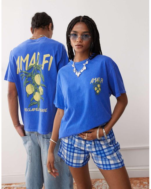 Reclaimed (vintage) Blue Unisex Oversized T-shirt With Amalfi Lemon Print