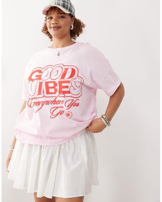 Noisy May Oversized T-Shirt Met Good Vibes-Print in het Pink