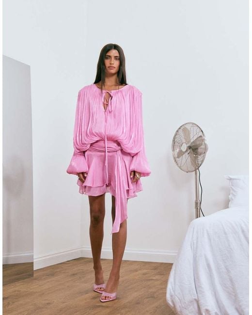 Lioness Gray Exclusive Elements High Sheen Chiffon Drape Detail Balloon Sleeve Tie Waist Mini Dress