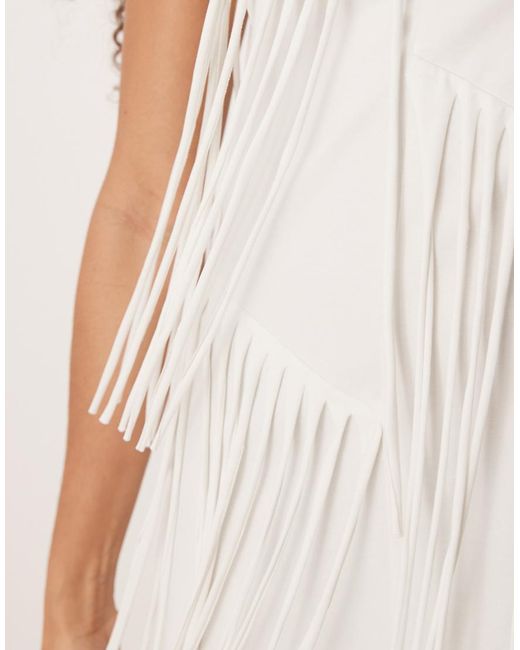 ASOS White Sleeveless Fringe Mini Dress With Pocket Detail