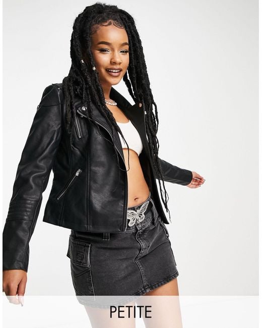 Only Petite Faux Leather Biker Jacket in Black | Lyst UK