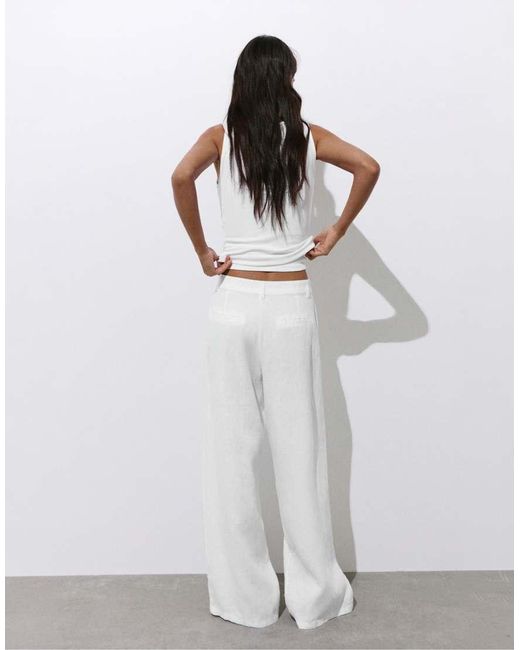 Pull&Bear White Linen Trousers With Pleats