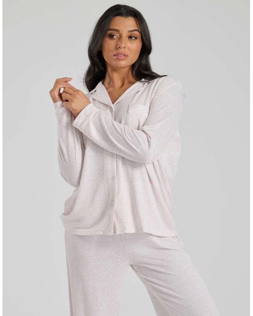 Loungeable White Marl Brushed Knit Rib Traditional Pyjama Set