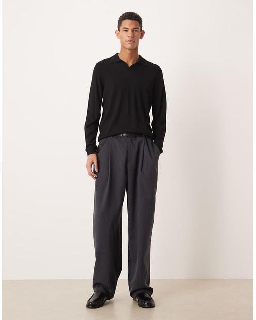 ASOS Black Knitted Long Sleeve Pure Merino Wool Notch Neck Polo for men