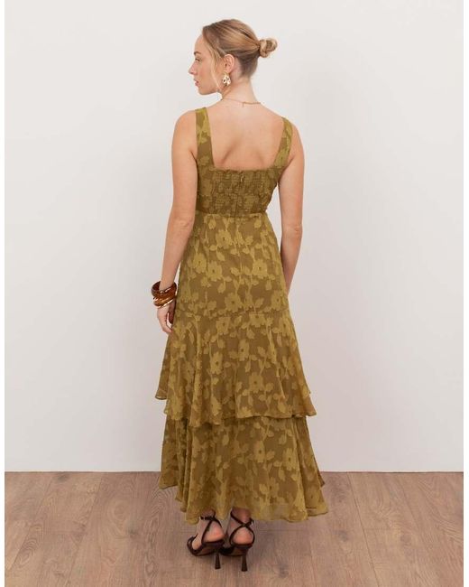 ANAYA Natural Floral Burnout Square Neck Tiered Midaxi Dress