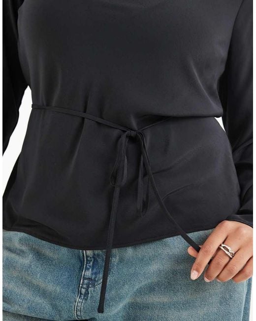 ASOS Black Asos Design Curve Cowl Neck Tie Waist Blouse