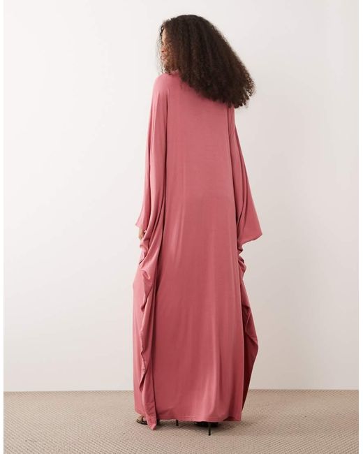 Iyal Pink Jersey Dramatic Wide Sleeve Detail Kaftan Maxi Dress