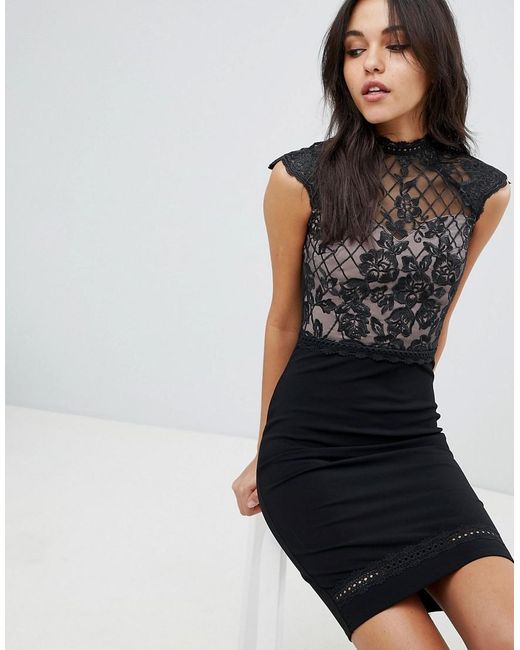 Lipsy Black Lace Bodycon Dress With Scallop Sleeve And Contrast Bodice