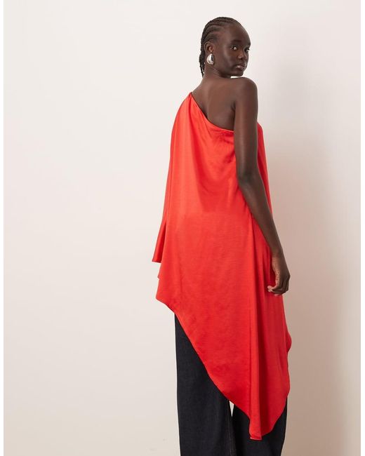 ARRANGE Red Satin Drape Asymmetric One Shoulder Top