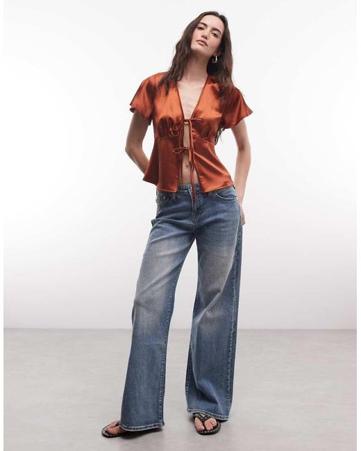 Reclaimed Vintage Red Satin Tie Front Top