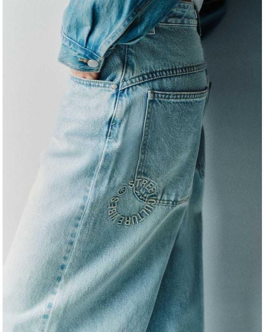 Pull&Bear Blue Embroidered Barrel Jeans