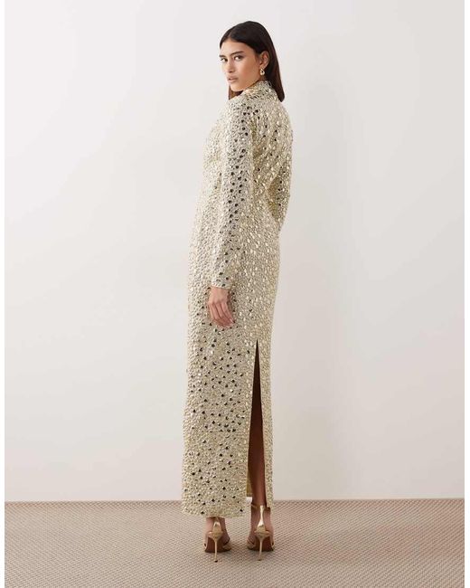 ARRANGE Natural Textural Sequined High Neck Long Sleeve Maxi Dress