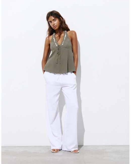 Pull&Bear Green Halter Neck Top With Buttons